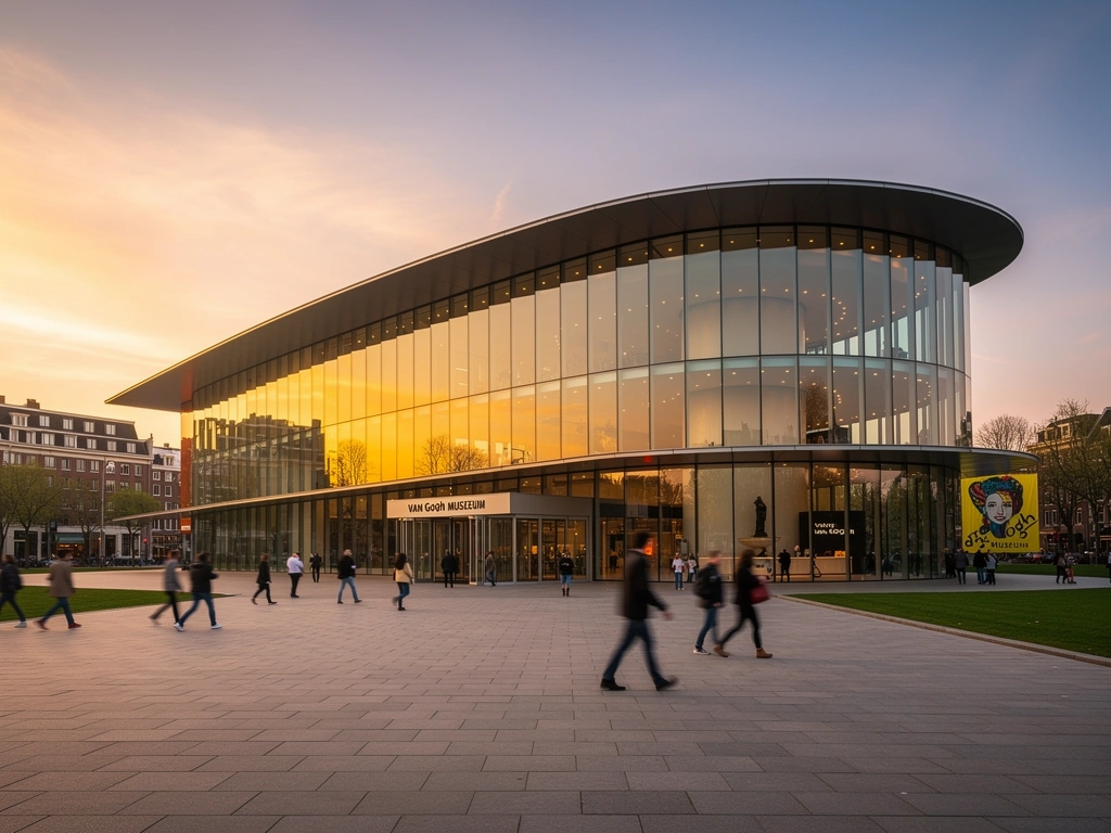 The modern glass wing and interior of the Van Gogh Museum